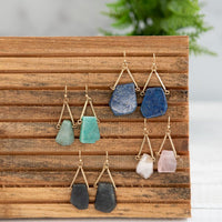 Raw Cut Stone Dangles. Available in Blush,Cobalt, Charcoal and Moss.