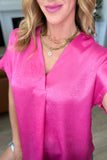 Pleat Front V-Neck Top in Hot Pink
